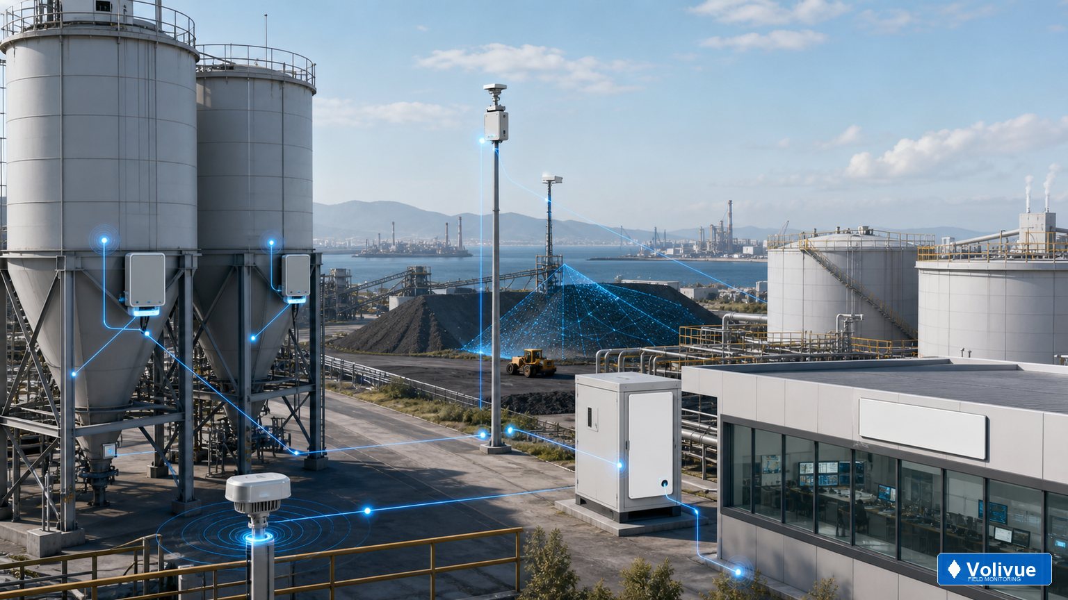 Volivue branded industrial inventory monitoring site with silos, tanks, stockpiles, sensors, controllers, and dashboard data links