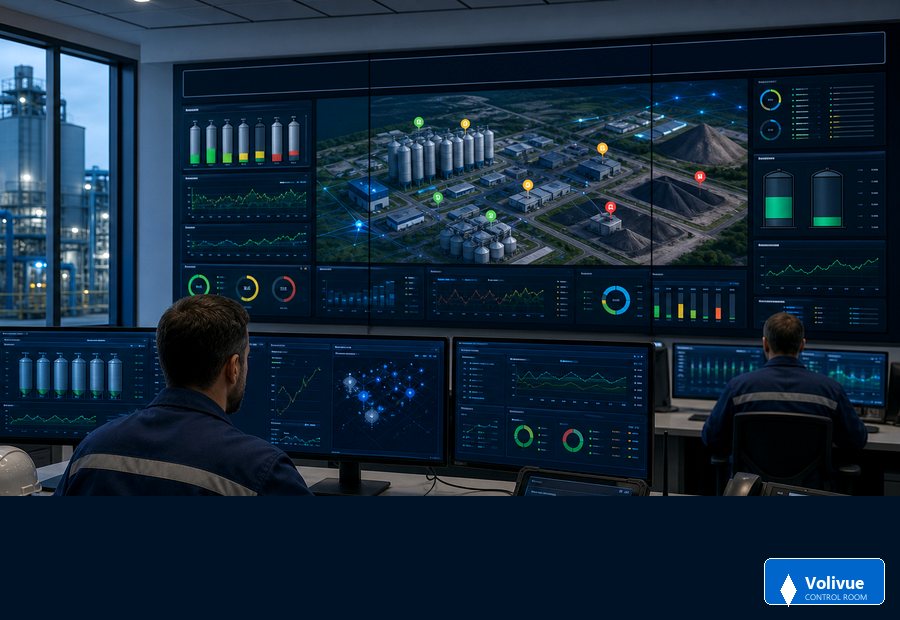 Volivue control room monitoring dashboard for silos tanks and stockpiles