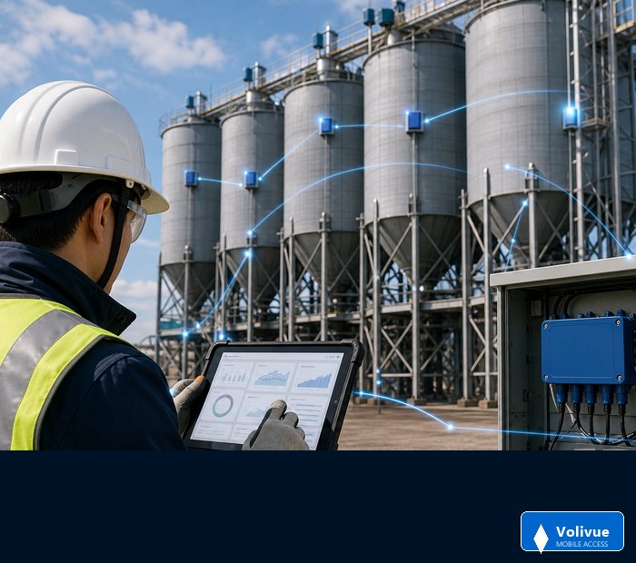 Field engineer checking Volivue inventory monitoring data on a rugged tablet near industrial silos