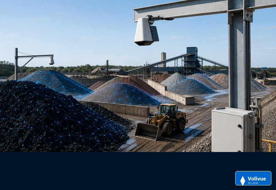 Volivue branded fixed 3D LiDAR stockpile monitoring scene with point-cloud scanning over mixed bulk materials