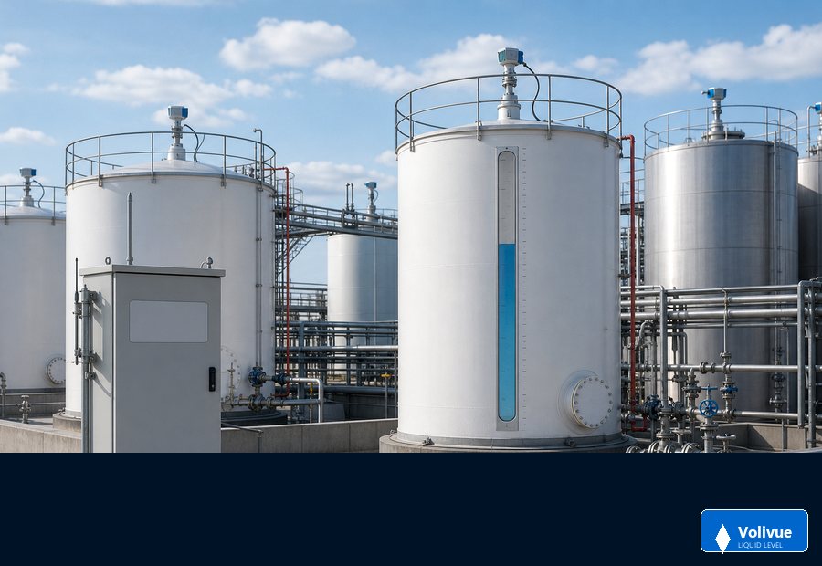 Volivue branded liquid storage tank level monitoring with radar or ultrasonic instruments and visible tank farm piping