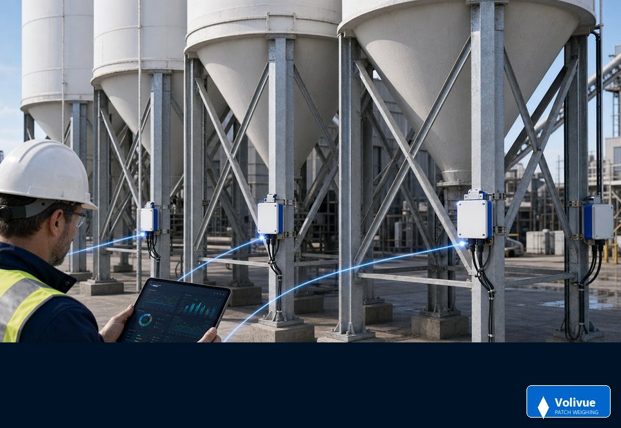 Volivue patch-mount weighing controllers installed on lower silo support legs about two meters above ground