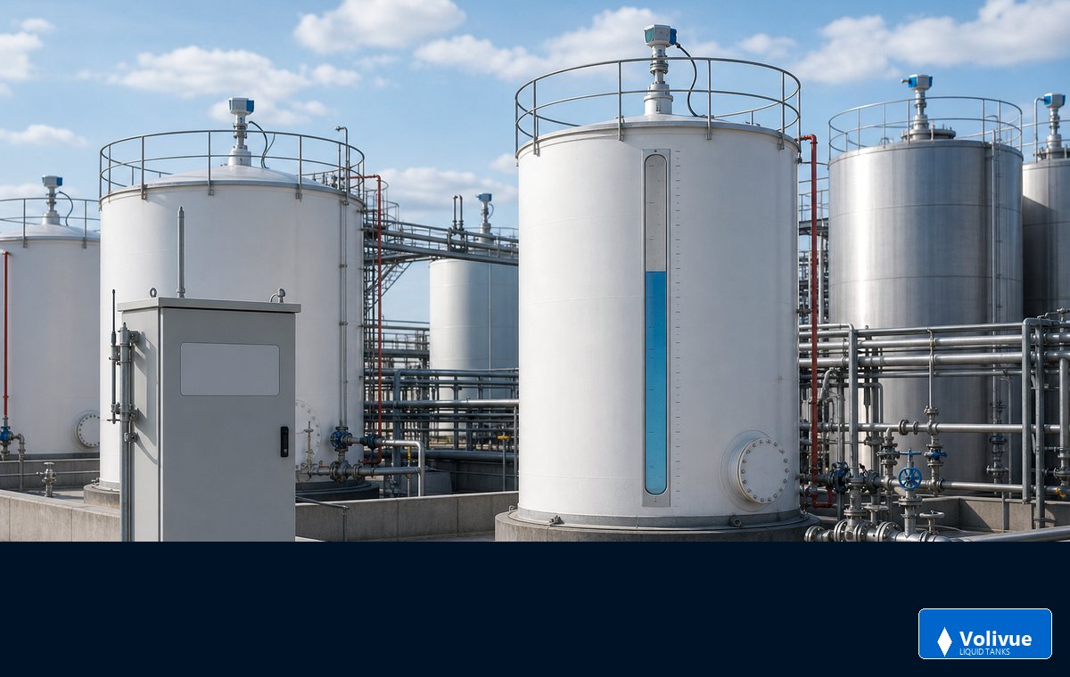 Volivue liquid storage tank radar or ultrasonic level monitoring scenario with tank farm piping and branded controller