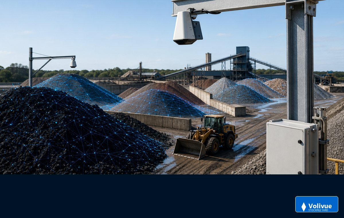 Volivue fixed 3D LiDAR stockpile scanning scenario for coal ore aggregate and sand inventory