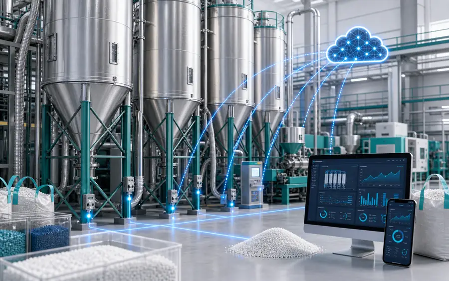 Plastic pellet silos with patch-mount weighing at a compounding plant