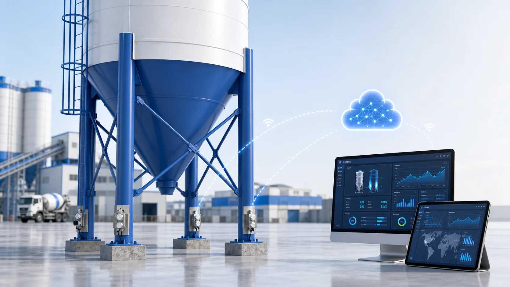 Patch-mount silo weighing system on leg-supported silos with cloud connectivity