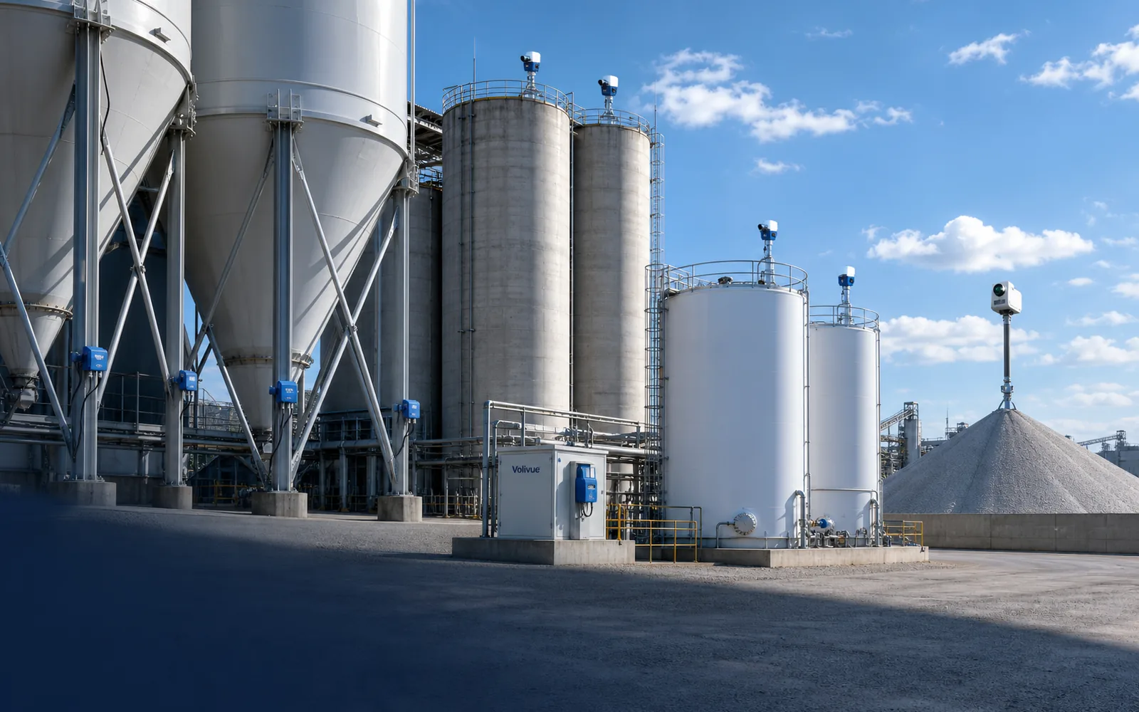 Volivue solution map covering silos, liquid tanks, and stockpiles in one industrial scene