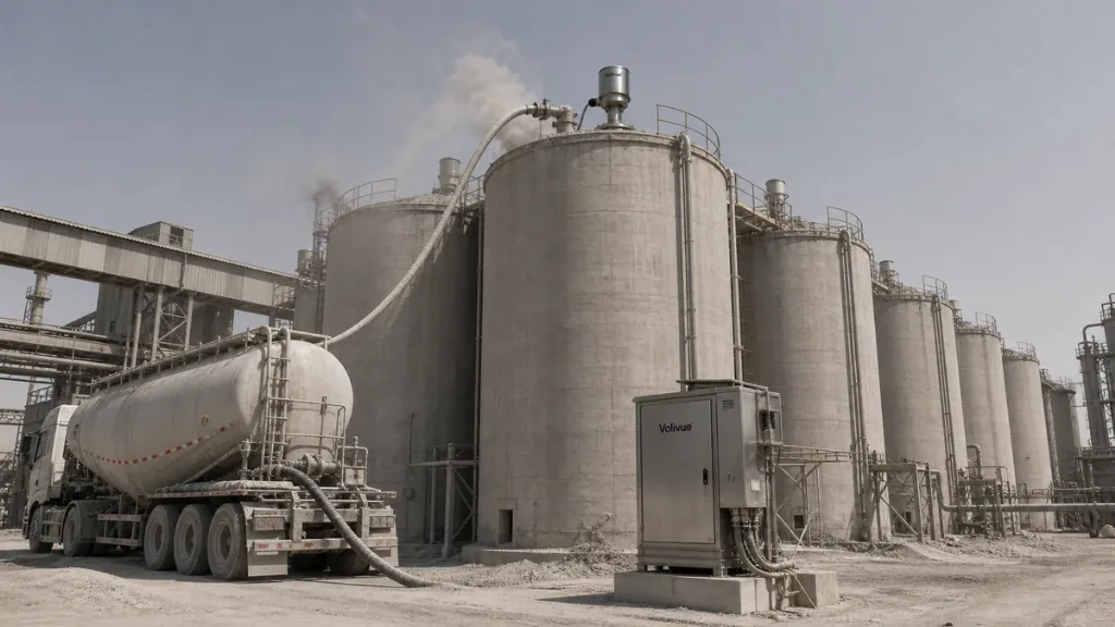 Dense dust cloud during pneumatic filling of a tall cement silo monitored by Volivue instruments