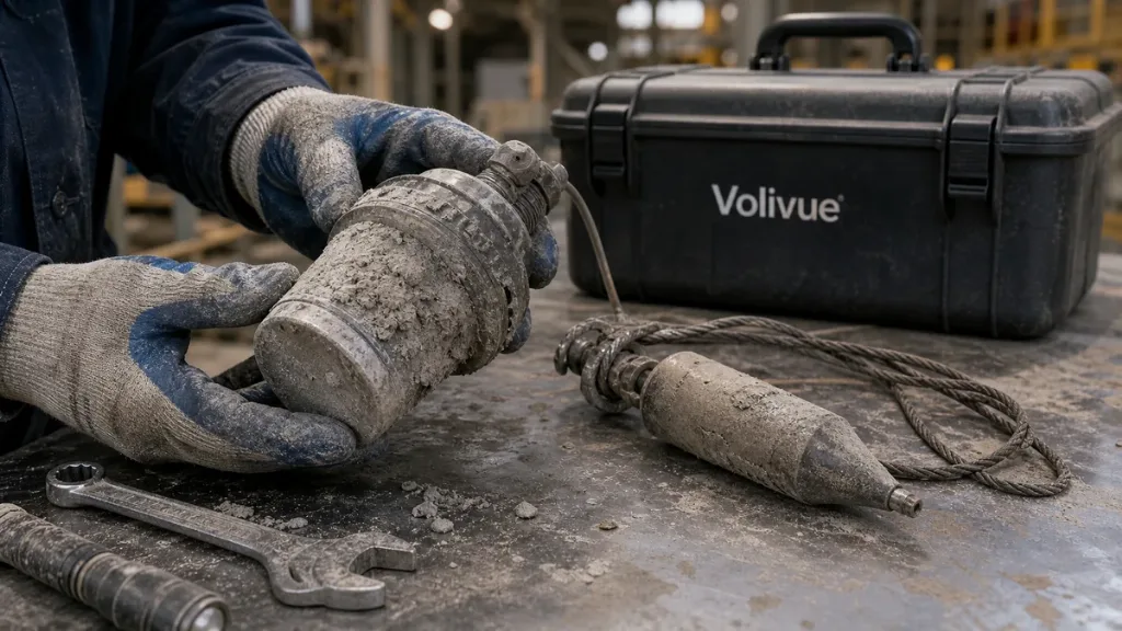 Dust-caked legacy ultrasonic probe and jammed plumb bob beside a clean Volivue instrument case