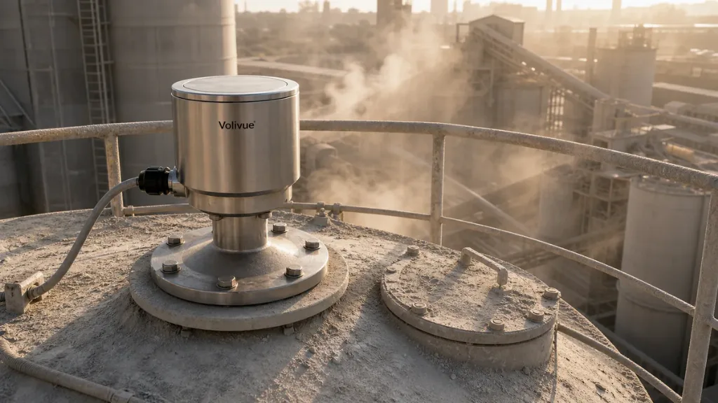 Volivue 80GHz radar transmitter on a cement silo roof keeping a narrow beam through heavy dust