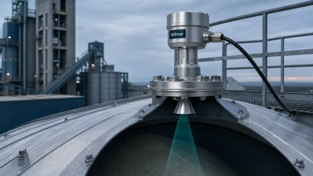 Flanged Volivue radar transmitters on lined corrosive chemical storage tanks inside a bunded plant area