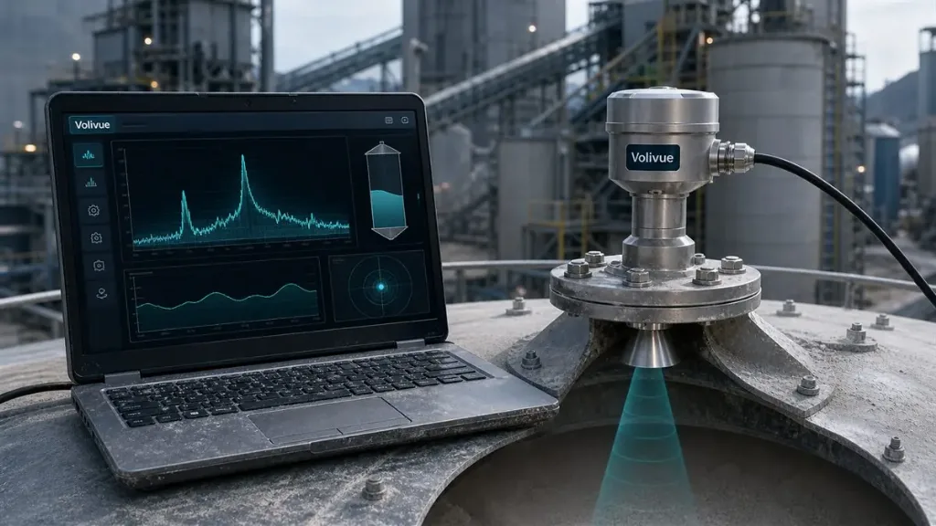 Volivue 80GHz radar monitoring a fly ash silo beneath the precipitators of a coal-fired power plant