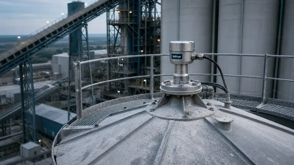 Fly ash tanker loading beneath a silo monitored by Volivue radar to avoid overfill dust and truck queues