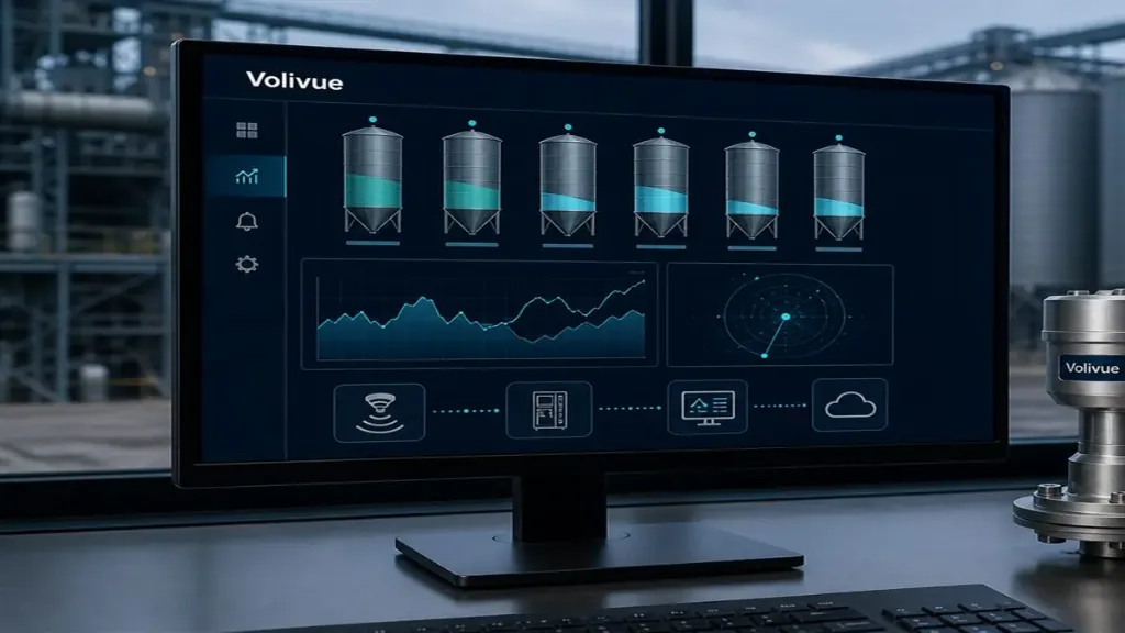 Volivue level controller screen showing a tank graphic with adjustable high and low setpoint markers