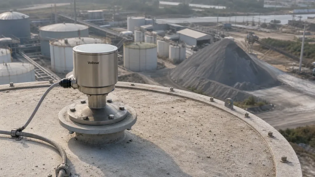 Volivue 80GHz radar level transmitter on a dusty cement silo with liquid tanks and a stockpile beyond