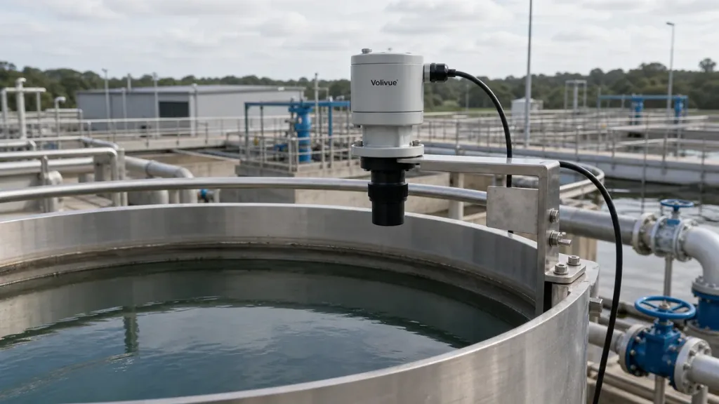 Volivue compact ultrasonic level sensor mounted above a vented water tank at a treatment plant