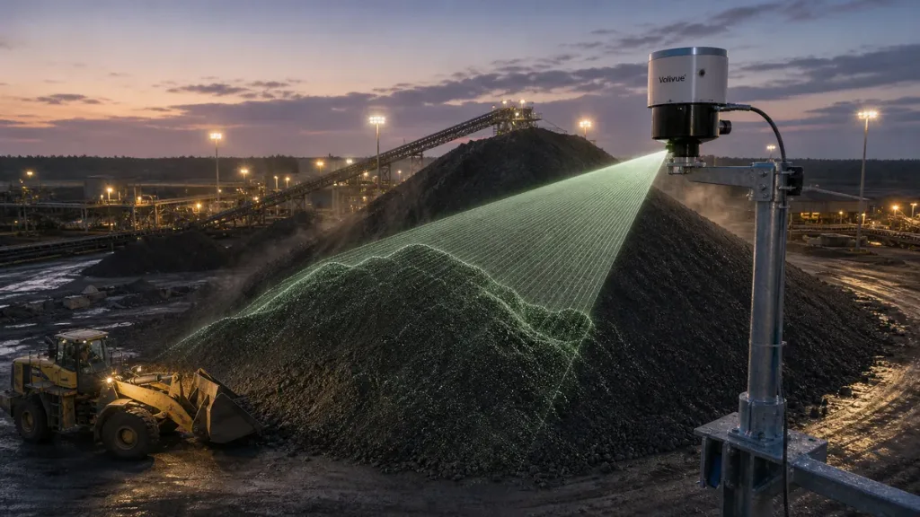 Volivue 3D LiDAR scanner sweeping an open coal stockpile to capture the full surface for volume