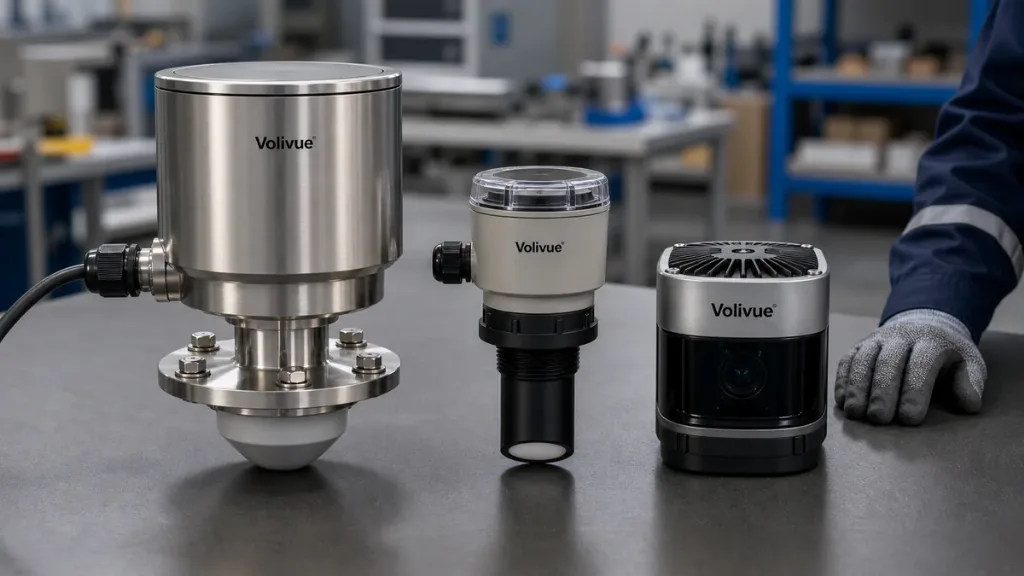 Volivue radar, ultrasonic and 3D LiDAR instruments compared side by side on an engineering bench