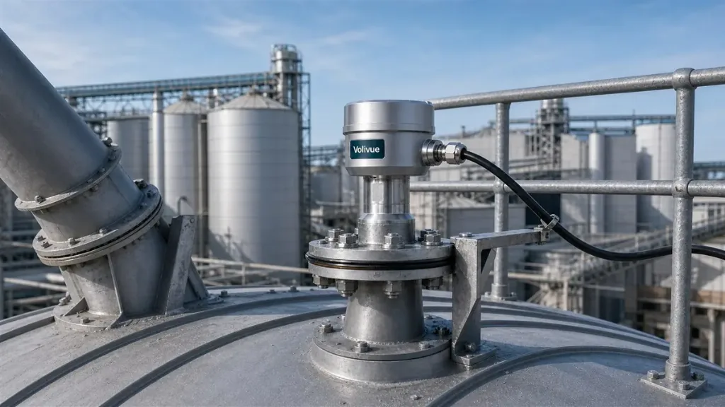 Technician aligning a Volivue radar with a swivel flange on a tall silo roof, offset from the silo wall